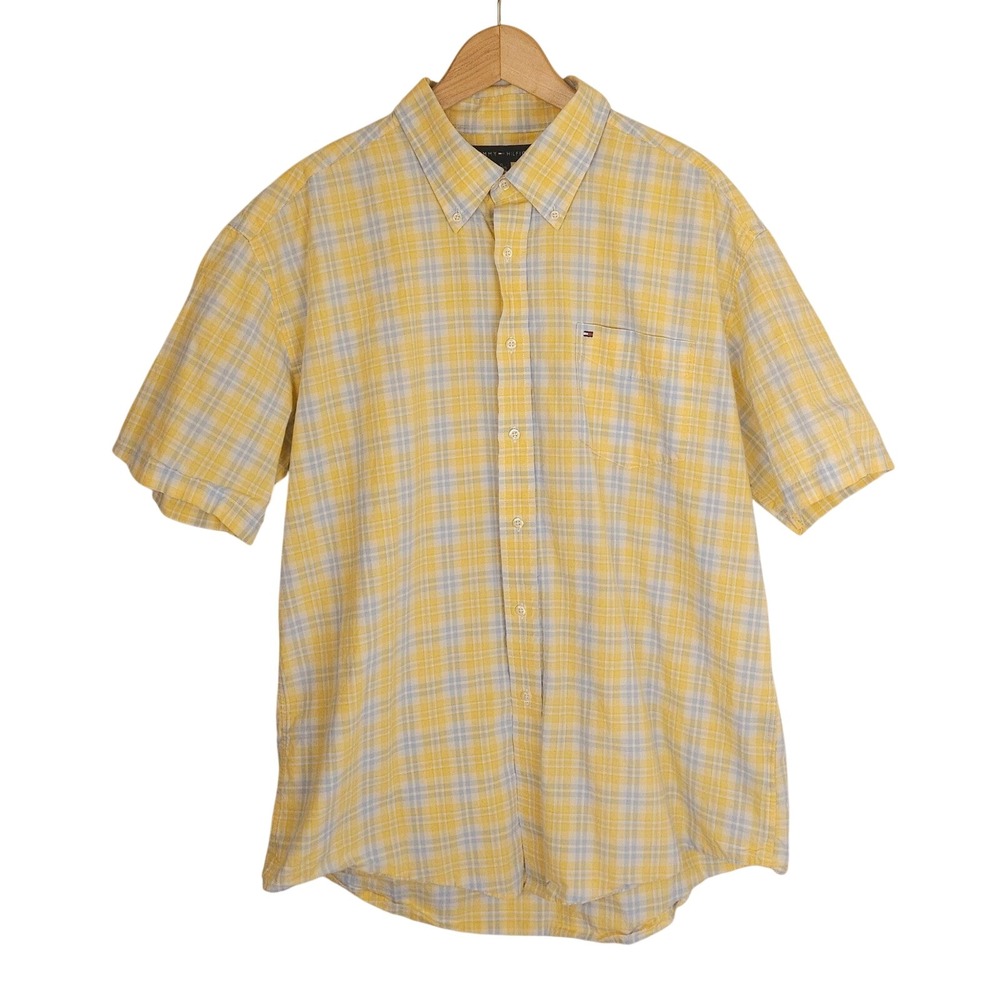 Tommy Hilfiger Shirt Men‎ XL Yellow Plaid Short Sleeve Button Down Y2K Vintage